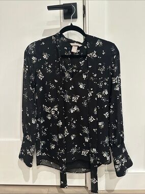 H&M Floral Work Blouse Long Sleeve Top with Neck Tie